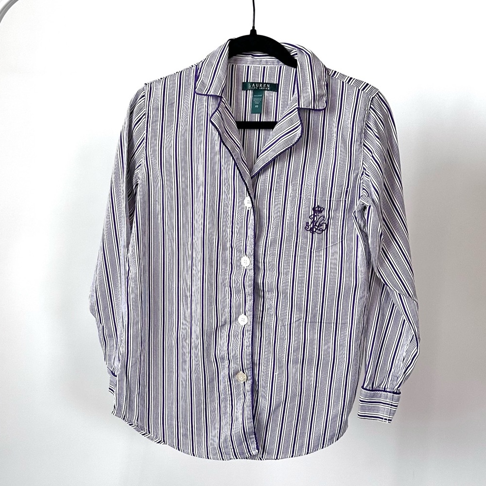 VTG Lauren Ralph Lauren Purple Striped Shirt Casual Button Down Relaxed Fit-XS